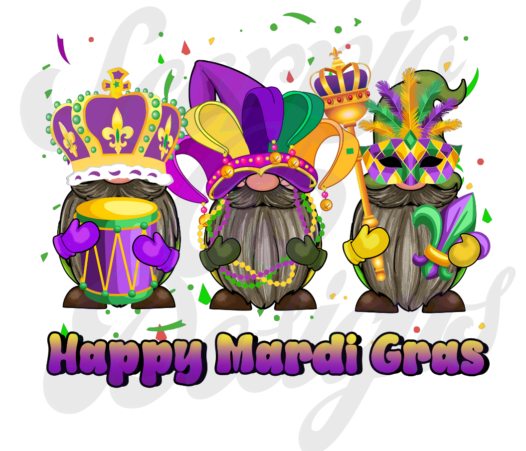 Happy Mardi Gras Gnomies DTF Transfers Scorpio 65 Designs