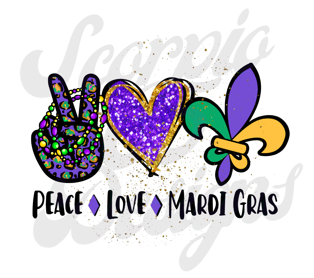 Peace Love Mardi Gras Cartoon DTF Transfers Scorpio 65 Designs